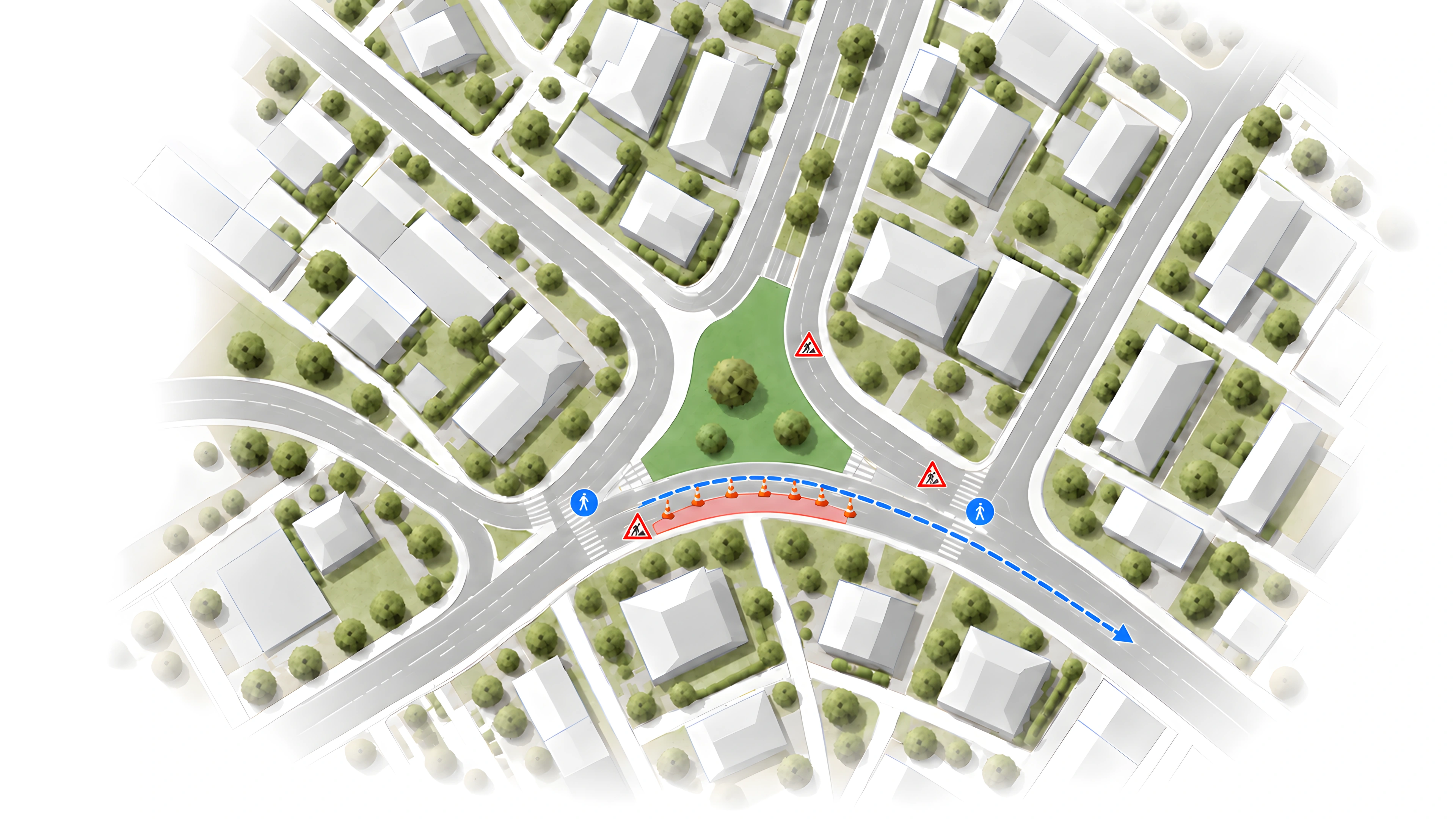 Illustrated neighbourhood with a short lane work area, traffic cones and highlighted traffic routes.